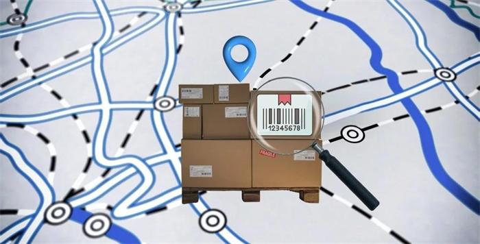 Parcel tracking number and barcode on boxes with map location pin