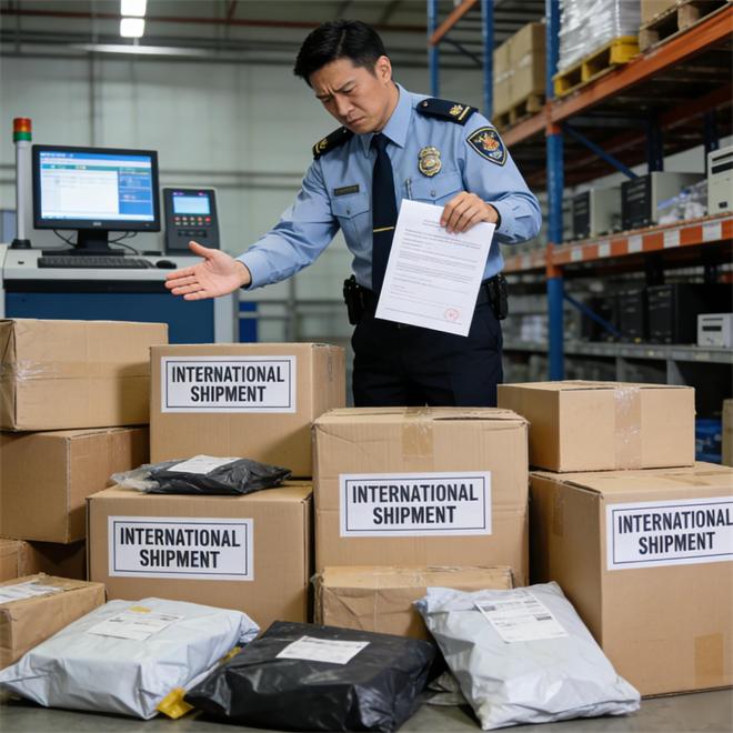 Customs officer inspecting international parcels and shipping documents