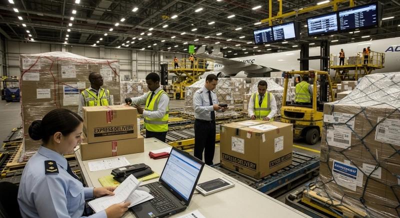 Customs staff reviewing shipping documents for parcels forwarded internationally from China