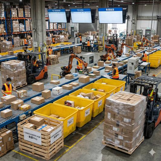 Multiple supplier parcels being consolidated for international shipping from China