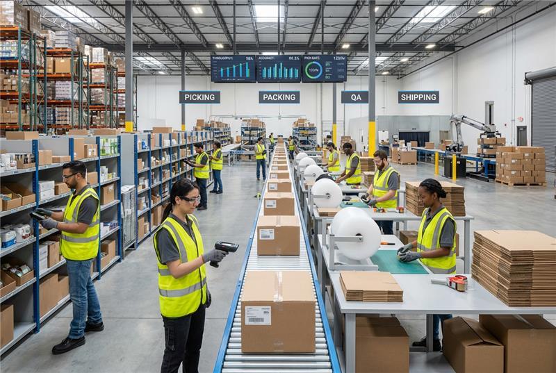 Workers picking, packing, checking, and shipping ecommerce orders from an overseas warehouse
