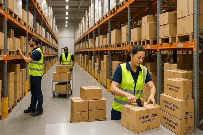 Warehouse worker packing e-commerce orders for international fulfillment