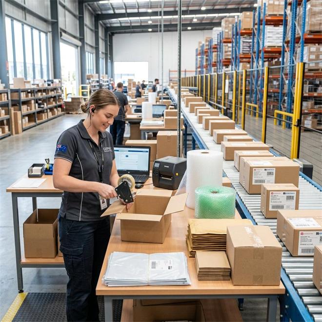 Warehouse worker repacking and labeling ecommerce products before overseas delivery