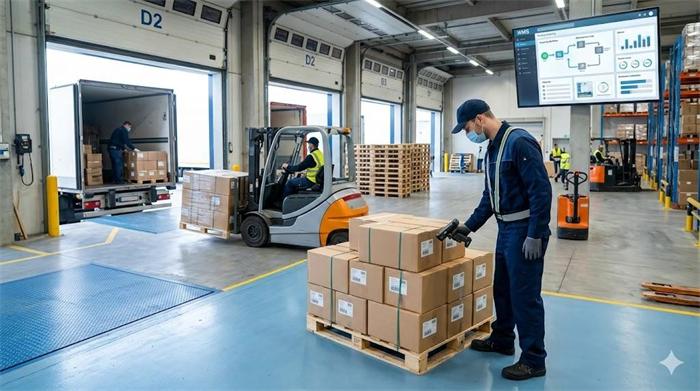 Warehouse worker scanning shipment barcodes for inventory tracking