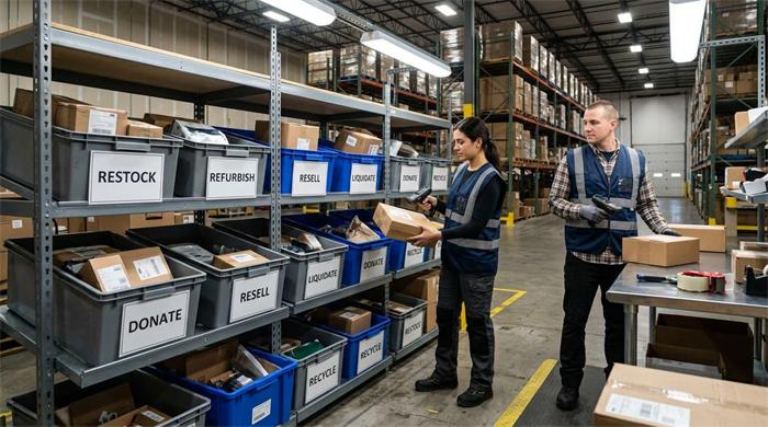 Warehouse workers inspecting and sorting customer returns for restocking or disposal