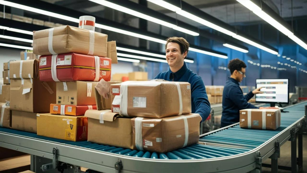 Parcel forwarding warehouse processing packages for international shipping from China