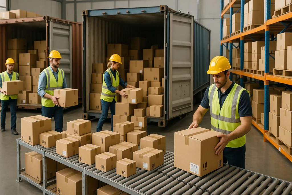 Warehouse workers consolidating parcels from multiple Chinese suppliers