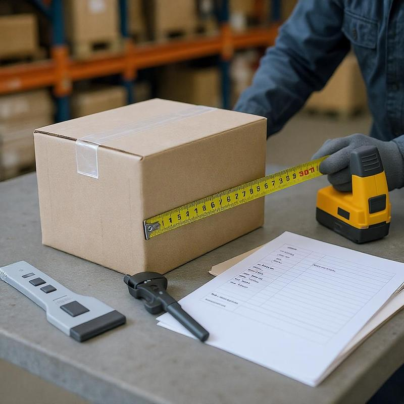 Warehouse worker measuring parcel dimensions to calculate volumetric shipping weight