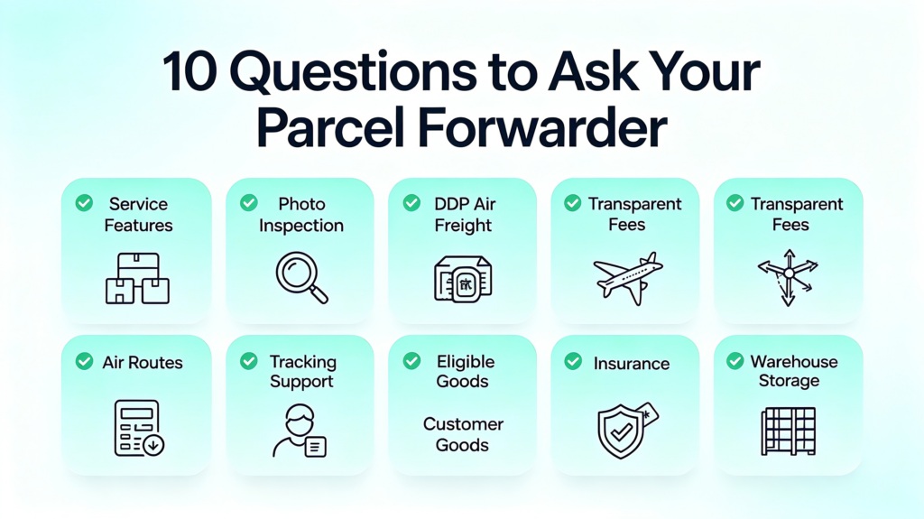 10-point checklist for choosing a parcel forwarder in China, covering service features, inspection, DDP shipping, transparent fees, air routes, tracking, support, eligible goods, insurance, and warehouse storage