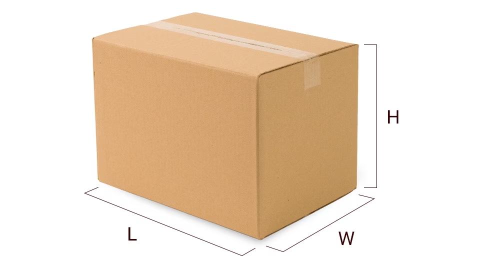 Diagram showing how to measure a shipping box with length, width, and height dimensions for volumetric weight calculation