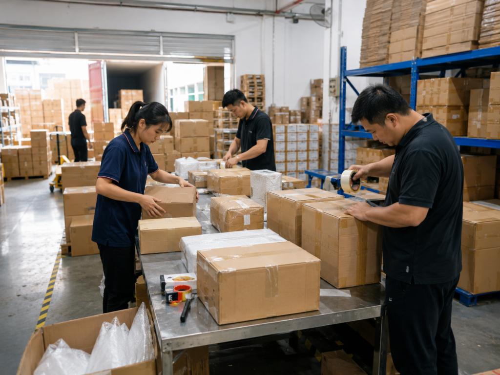 China warehouse consolidating multiple parcels before international shipping