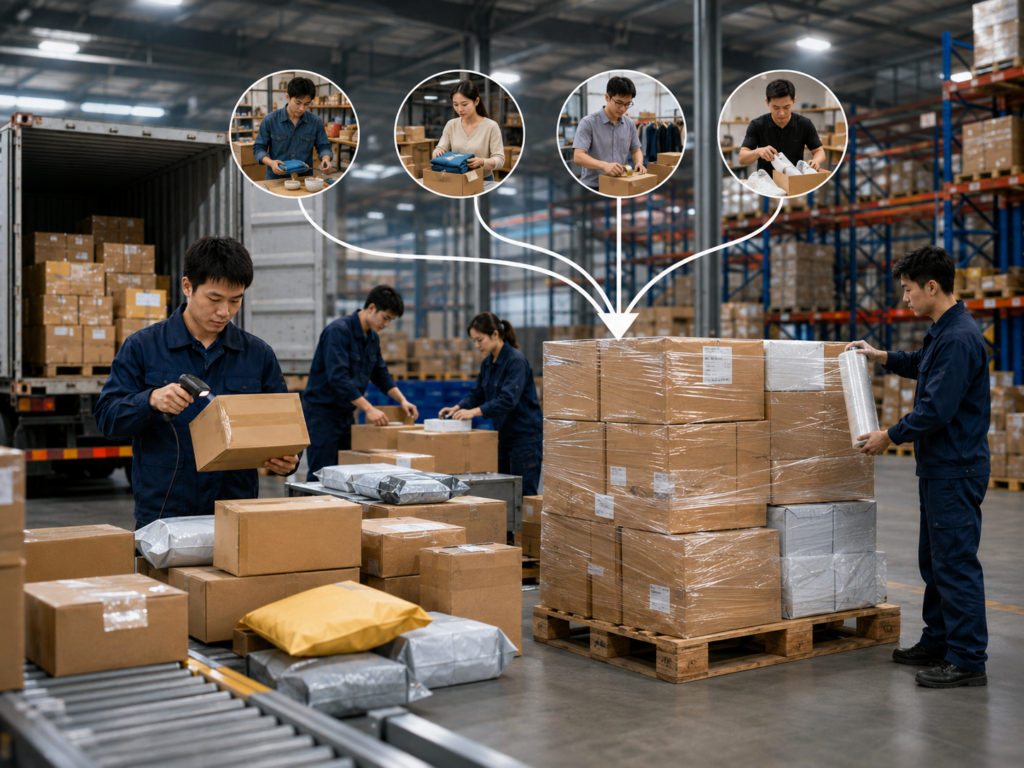 China warehouse consolidation process showing multiple supplier packages combined into one international shipment