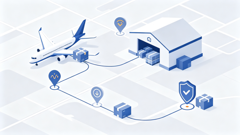Clean vector graphic of air freight supply chain and real-time shipment tracking workflow