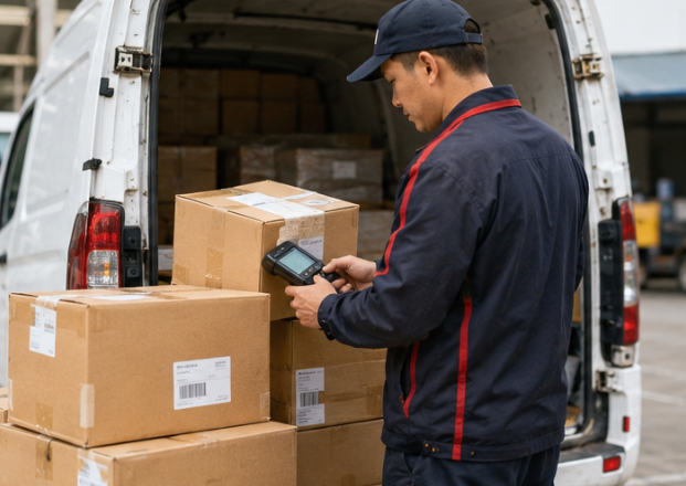 Courier scanning parcels before final-mile delivery from a local logistics hub