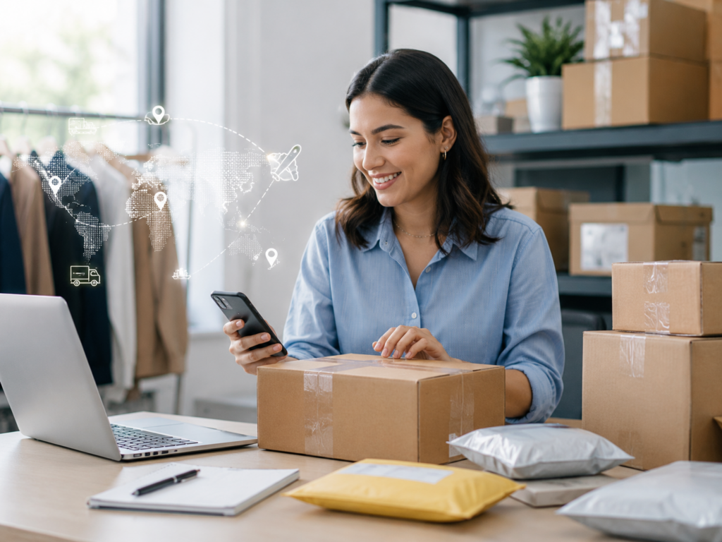 Ecommerce buyer tracking a parcel from China after international delivery using shipment updates