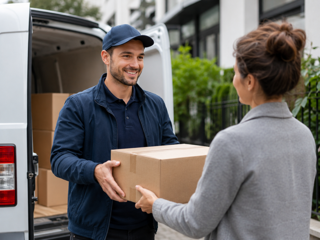 Final-mile courier receiving a parcel for local delivery tracking