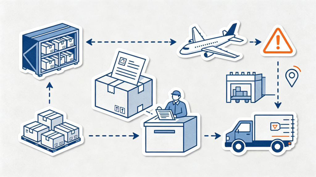 Hand-drawn flat flow chart showing 5 stages of cross-border parcel transit suspension
