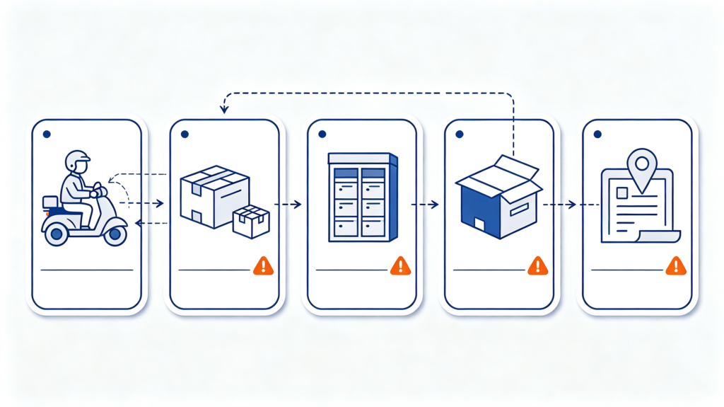 Hand-drawn flat infographic showing five common reasons for false delivered status on China shipments, icon-only flowchart with no readable text