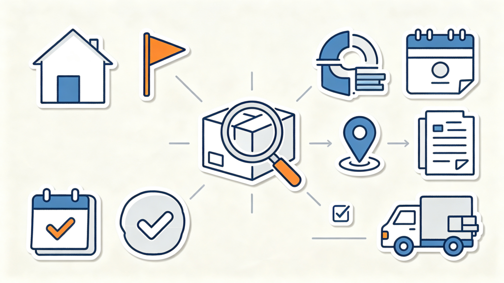 Hand-drawn flat troubleshooting guide for missing parcels after delivered status, abstract icons only, zero text elements
