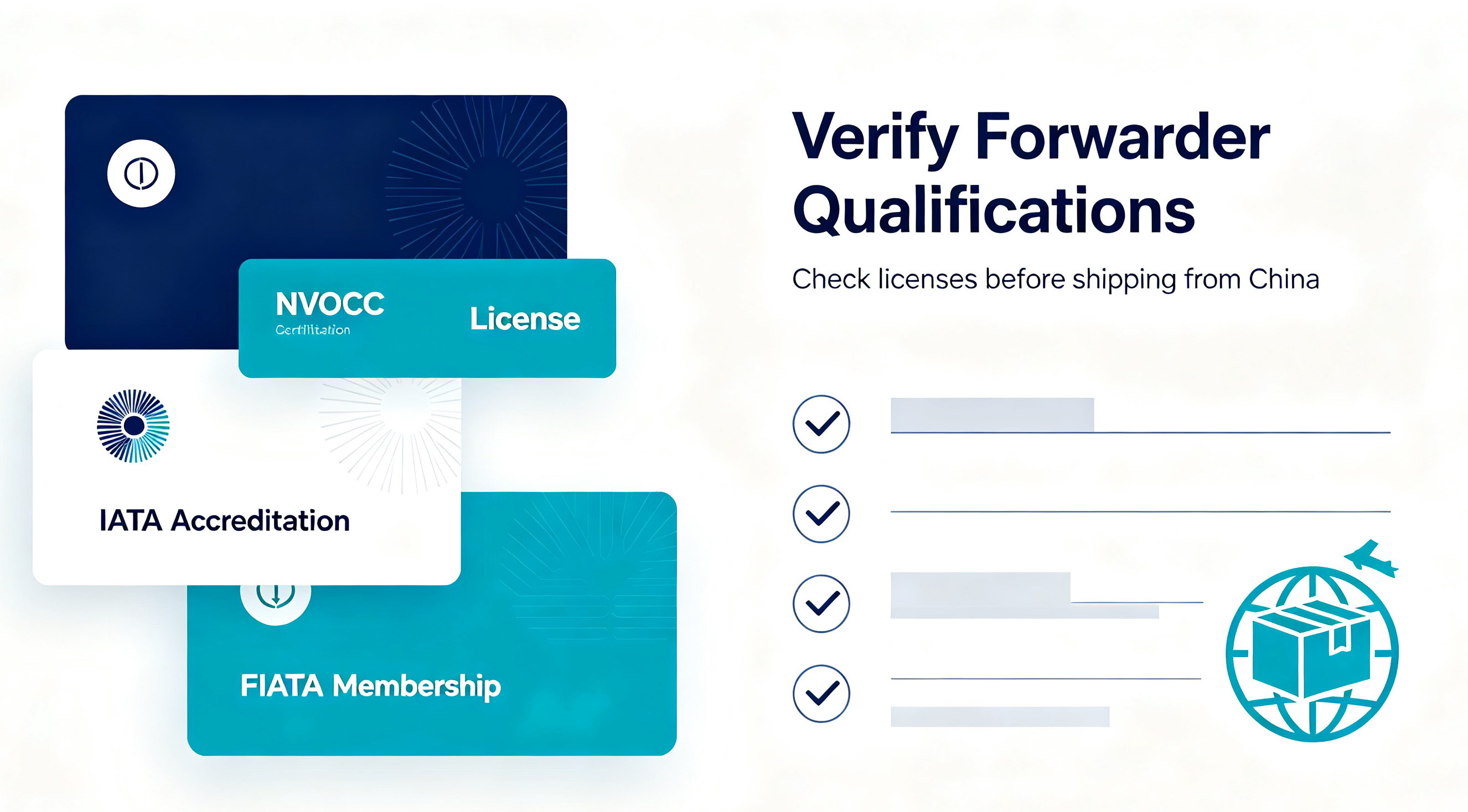 Infographic showing how to verify China parcel forwarder qualifications, including NVOCC license, IATA accreditation and FIATA membership