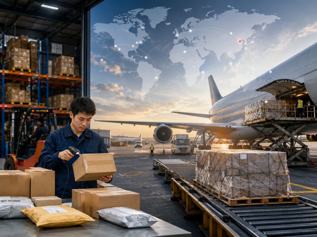 International air freight shipment leaving China warehouse with cargo transportation and global delivery network