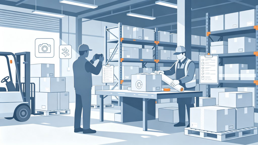 Minimal line art showing warehouse parcel inspection, consolidation and secure repacking process