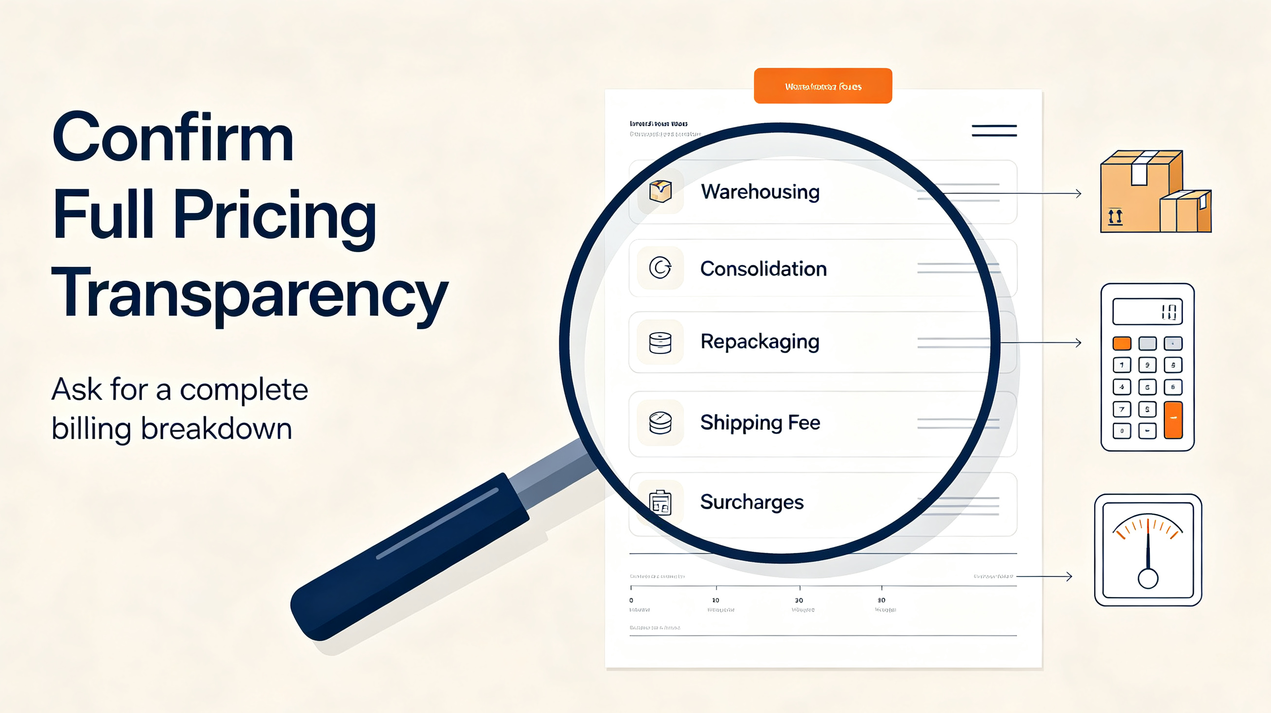 Pricing transparency checklist for China parcel forwarding service, including warehousing, consolidation, repackaging, shipping fees and surcharges