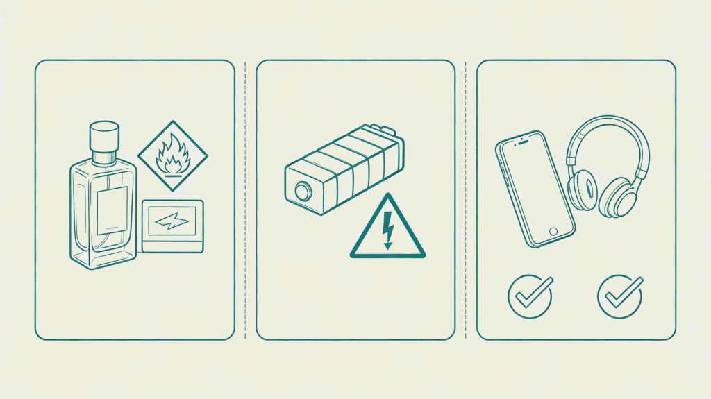 Restricted product categories icon illustration: perfume, lithium batteries and consumer electronics for China parcel forwarding