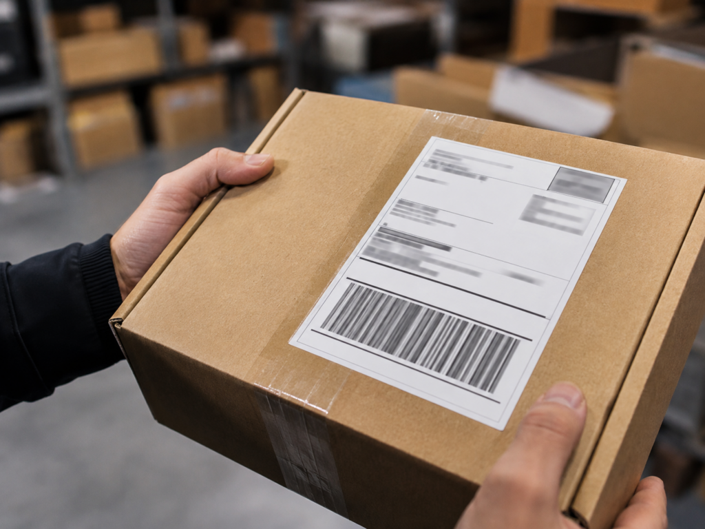 Shipping label with barcode showing a parcel tracking number