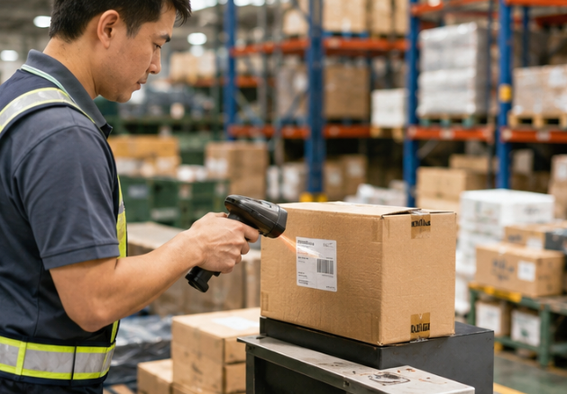 Warehouse worker scanning a DDP parcel into a local carrier tracking system