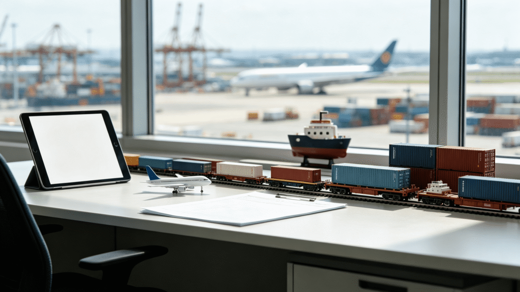 air cargo plane, freight train and container vessel representing three China-Europe shipping solutions