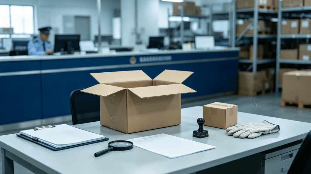 official customs inspection workspace for international inbound shipments