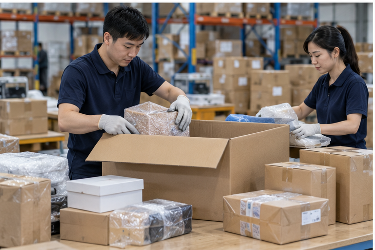 China warehouse staff consolidating and repacking parcels from multiple suppliers