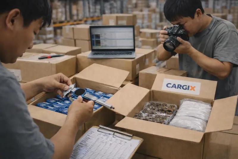 China warehouse worker checking and photographing products after parcel receiving