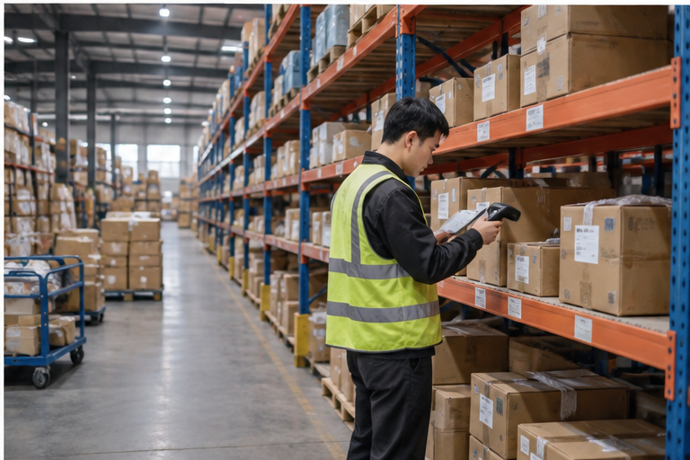 China warehouse worker scanning and identifying parcels from multiple suppliers on storage racks