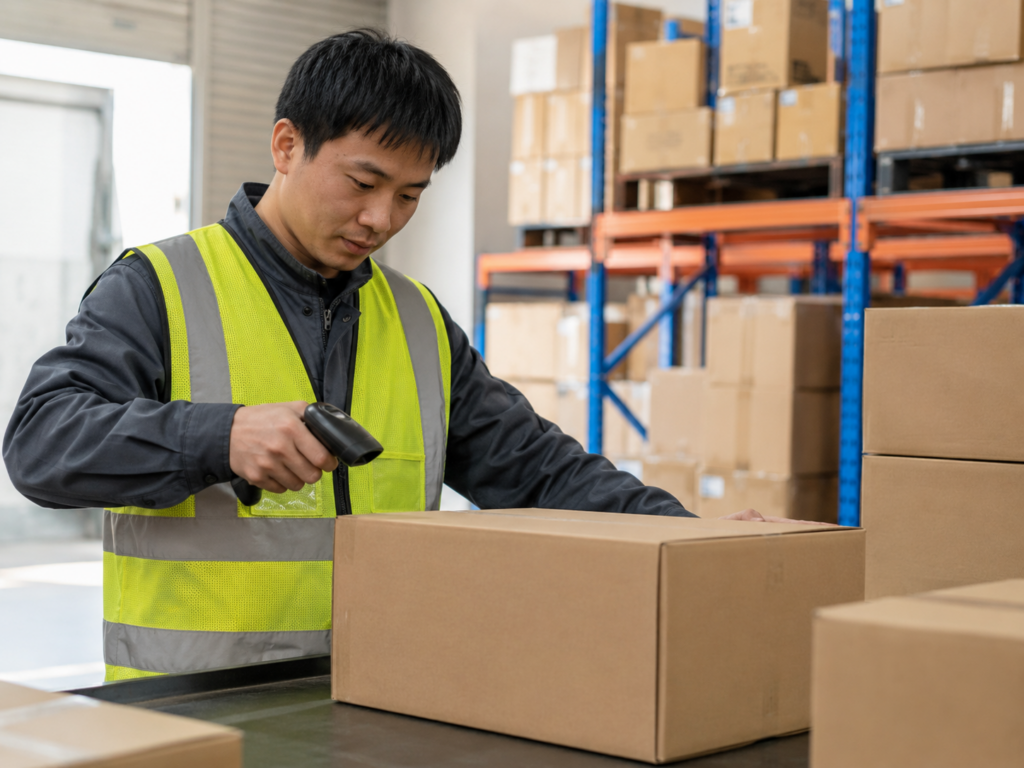 China warehouse worker scanning parcels before international shipping