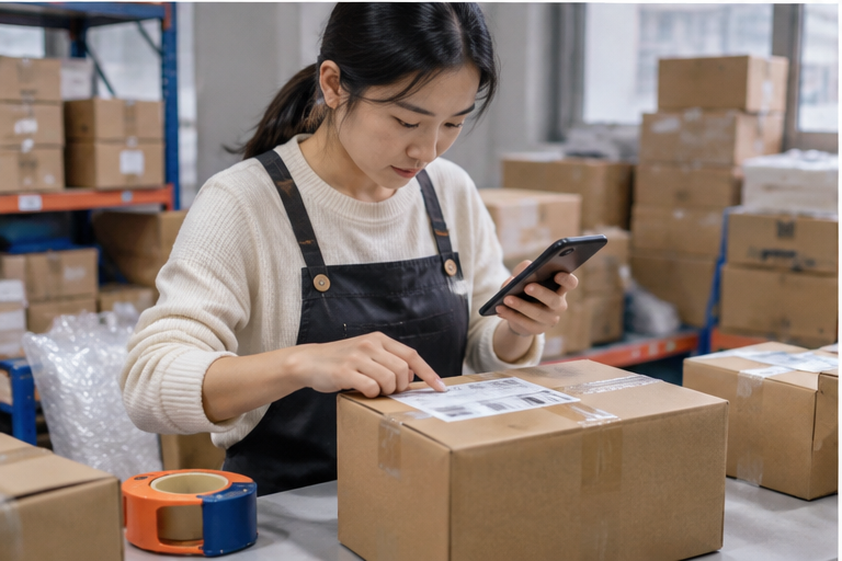 Chinese supplier checking a shipping label and customer code before sending a parcel to the warehouse