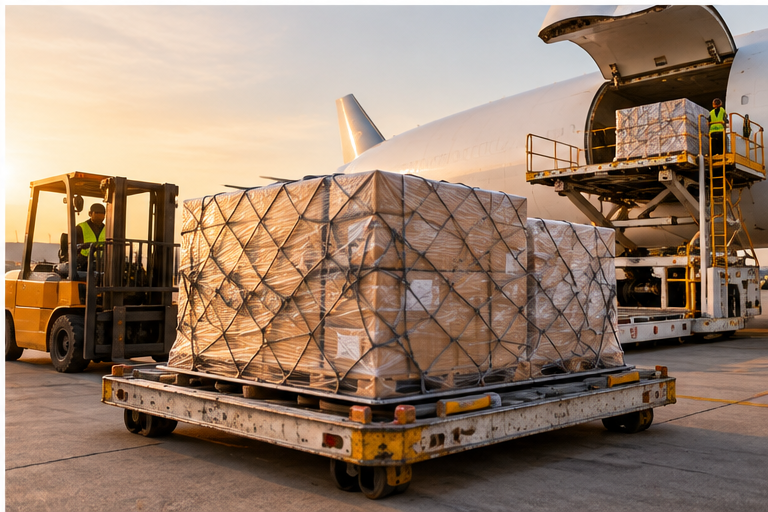 Consolidated cargo prepared for air freight from China