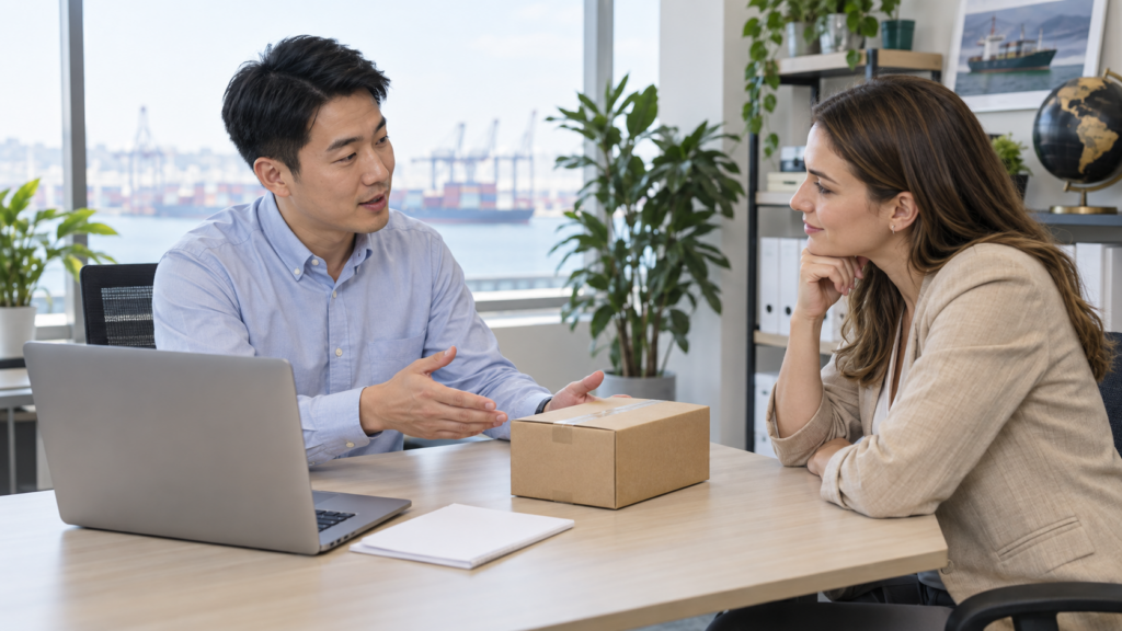 Logistics adviser reviewing parcel shipping details with a customer