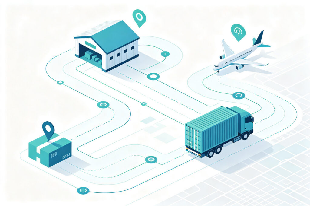 Multi-channel logistics tracking network connecting warehouse, air freight, and last-mile delivery nodes