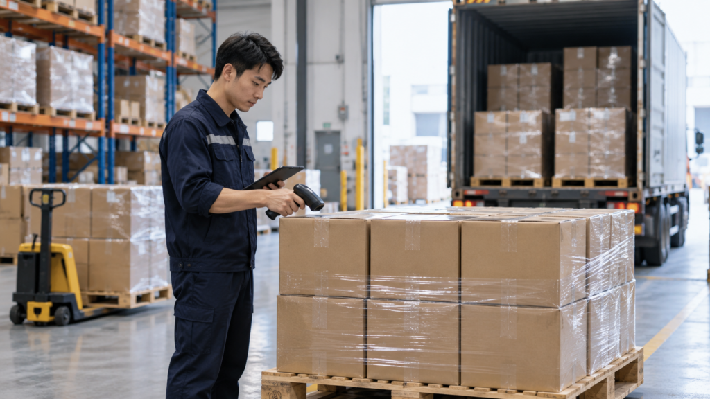 Packed cartons ready for DDP international dispatch from a China warehouse