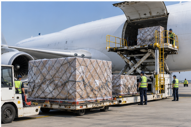 Palletized cargo being loaded onto an aircraft for international air freight shipping