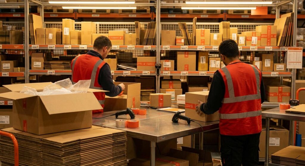 Parcel consolidation at a China warehouse before international shipping