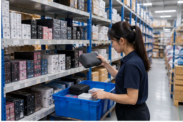 Pick and pack warehouse worker selecting products from inventory shelves