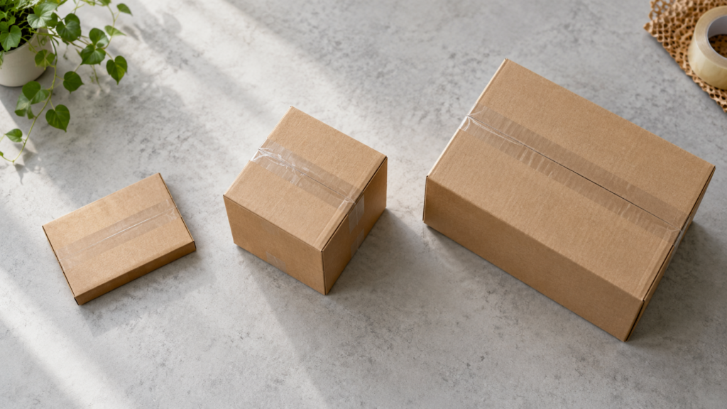 Three sealed parcels of different sizes arranged on a packing table