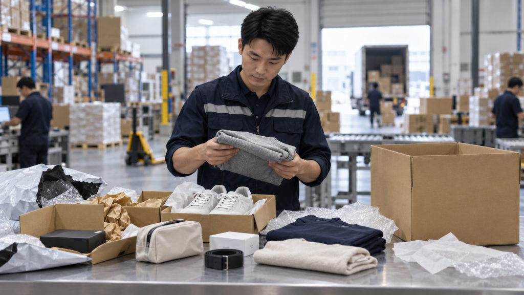 Warehouse staff checking and consolidating multiple parcels before international shipping