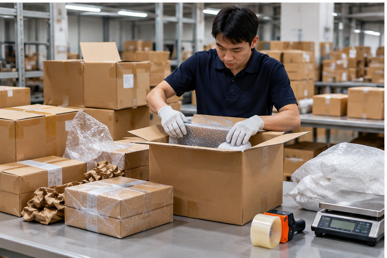 Warehouse staff consolidating and repacking supplier parcels for international shipping