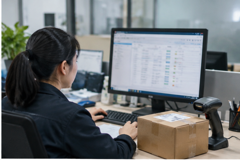Warehouse staff matching a parcel to a customer account using the domestic tracking number