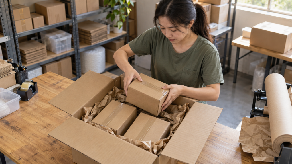Warehouse worker combining supplier parcels into a protective outer carton