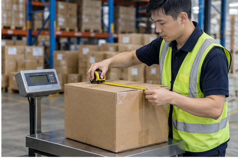 Warehouse worker measuring a carton for an accurate air freight quote from China